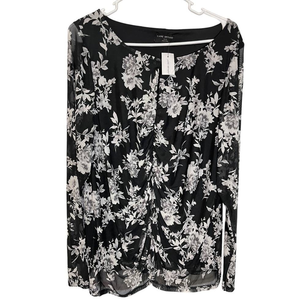 Lane Bryant 22/24 Black Gray Floral Mesh Ruched Top Long Sleeve Whimsygoth
